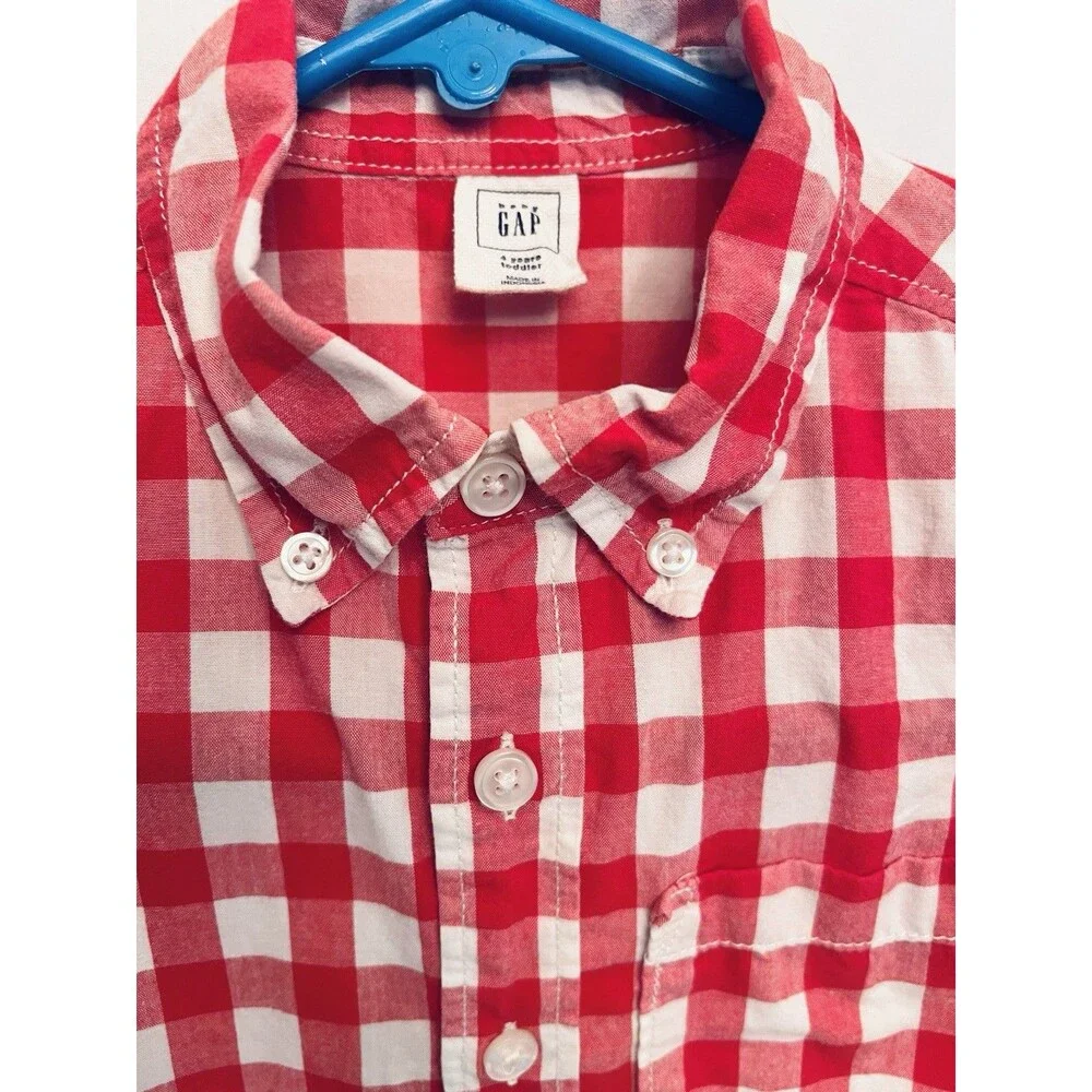 Gap Toddler Boys 4T Red White Gingham Button Down Shirt Roll Tab Sleeves Cotton